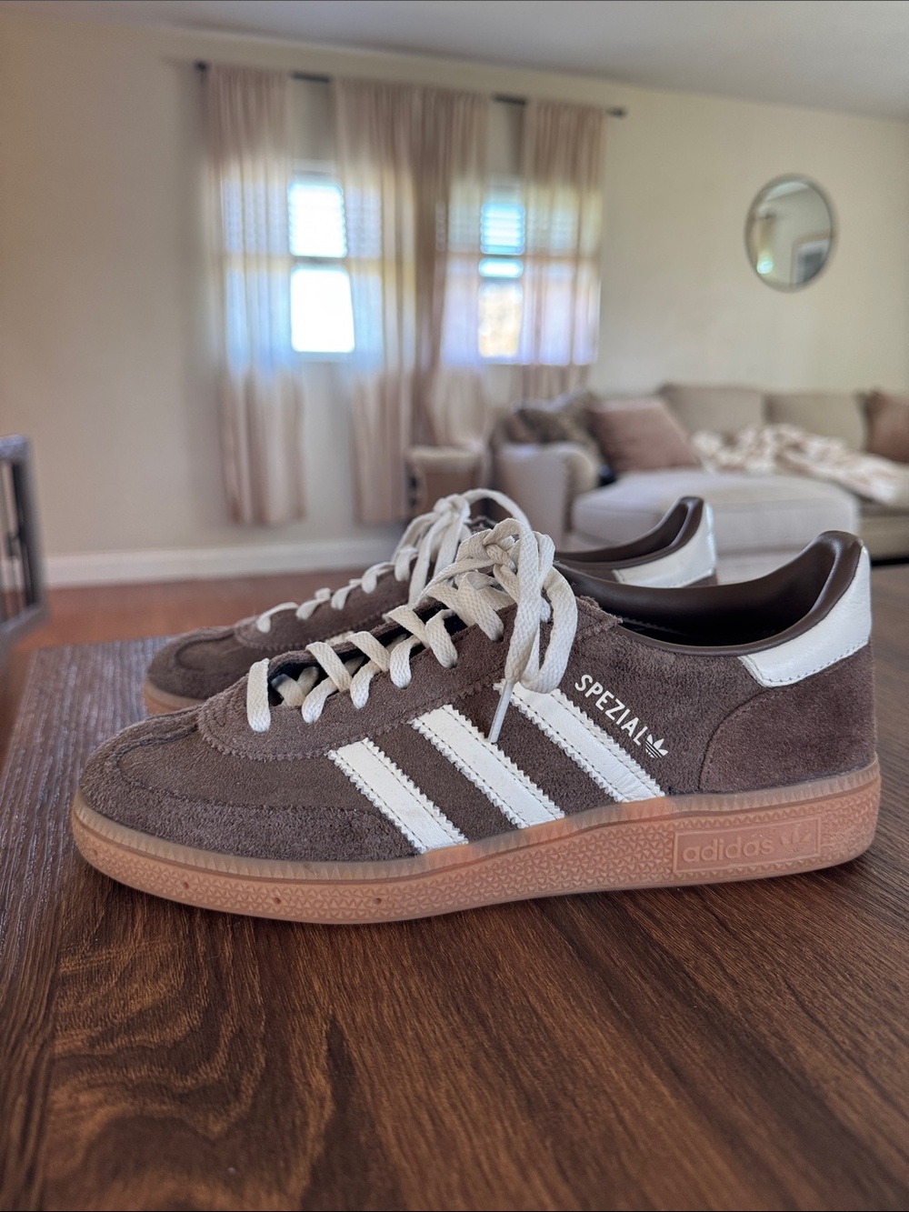 adidas Taupe Suede Sneakers with White Stripes